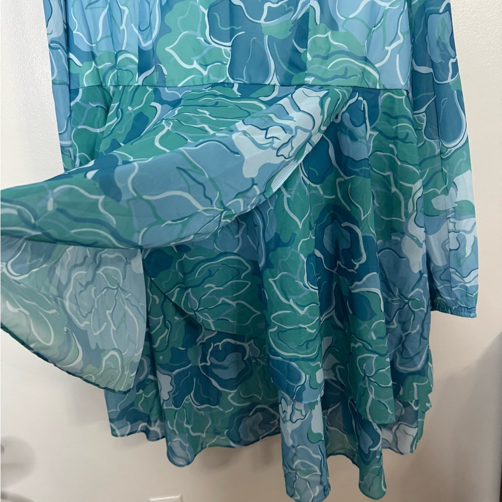 Seta T Women's V Neck Floral Long Sleeve Chiffon Ruffle Mini Dress Green Large - Picture 7 of 7
